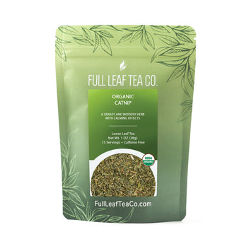 A 2oz bag of Full Leaf Tea Company Organic Catnip Loose Leaf Tea.
