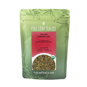 A 2oz bag of Full Leaf Tea Company Organic Damiana Loose Leaf Tea.