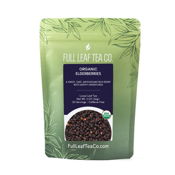 A 2oz bag of Full Leaf Tea Company Organic Elderberries Loose Leaf Tea.