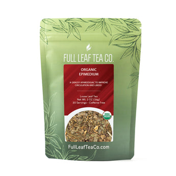 A 2oz bag of Full Leaf Tea Company Organic Epimedium Loose Leaf Tea.