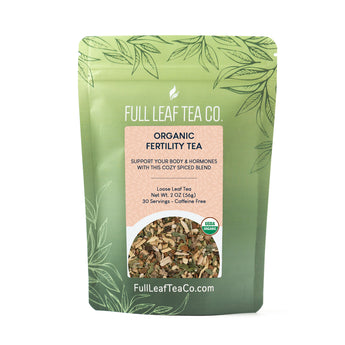 A 2oz bag of Full Leaf Tea Company Organic Fertility Loose Leaf Tea.