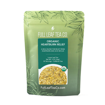 A 2oz bag of Full Leaf Tea Company Organic Heartburn Relief Loose Leaf Tea.