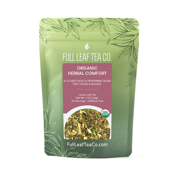 A 2oz bag of Full Leaf Tea Company Organic Herbal Comfort Loose Leaf Tea.