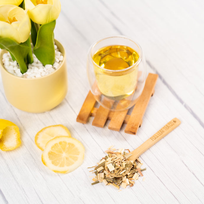 Glass of lemongrass tea with lemon slices, cinnamon sticks, and a plant on a white surface