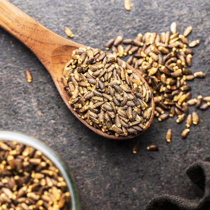 Wooden spoon filled with seeds on a dark surface