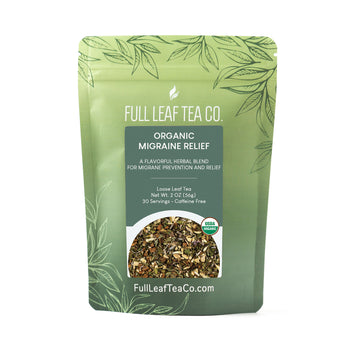 A 2oz bag of Full Leaf Tea Company Organic Migraine Relief Loose Leaf Tea.