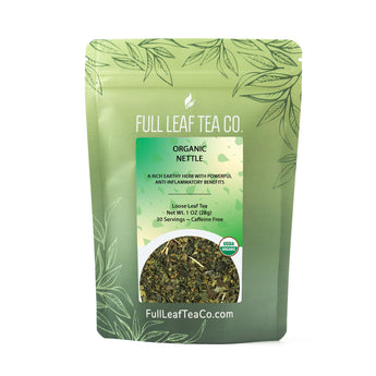 A 2oz bag of Full Leaf Tea Company Organic Nettle Loose Leaf Tea.