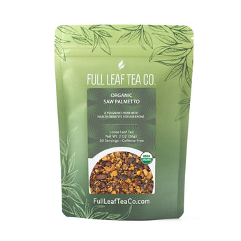 A 2oz bag of Full Leaf Tea Company Organic Saw Palmetto Loose Leaf Tea.