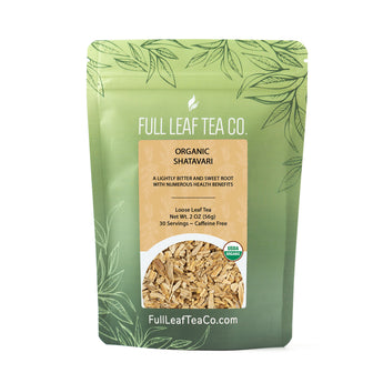 A 2oz bag of Full Leaf Tea Company Organic Shatavari Loose Leaf Tea.