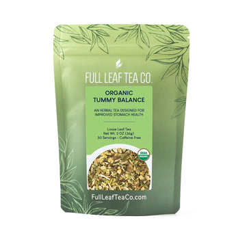 A 2oz bag of Full Leaf Tea Company Organic Tummy Balance Loose Leaf Tea.