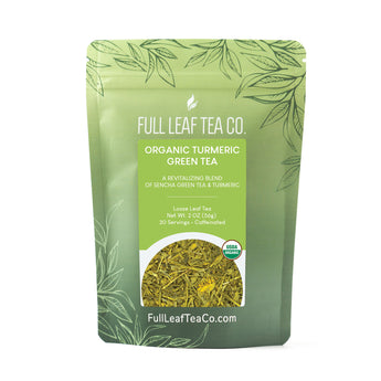 A 2oz bag of Full Leaf Tea Company Organic Turmeric Green Loose Leaf Tea.