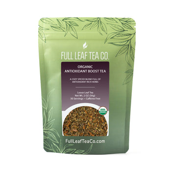 A 2oz bag of Full Leaf Tea Company Organic Antioxidant Boost Loose Leaf Tea.