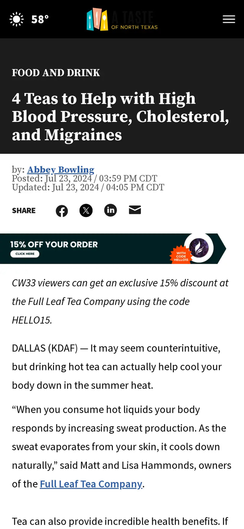 Screenshot of a  North Texas blog titled "4 Teas to Help with High Blood Pressure, Cholesterol, and Migraines" 