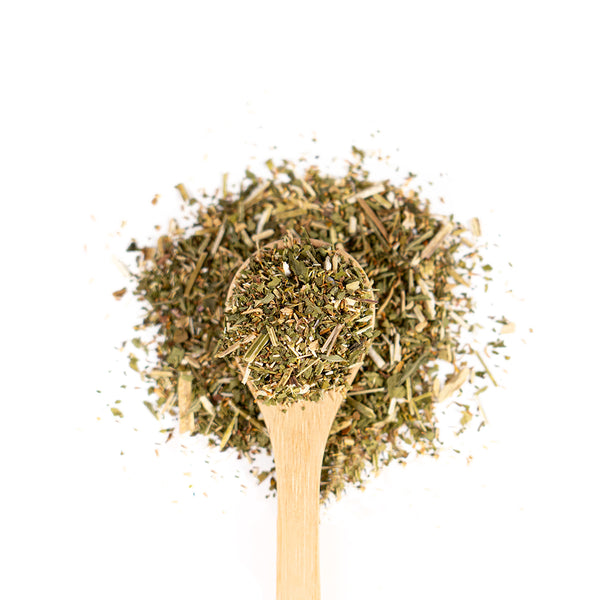 Wooden spoon of Organic Feverfew on a white background.