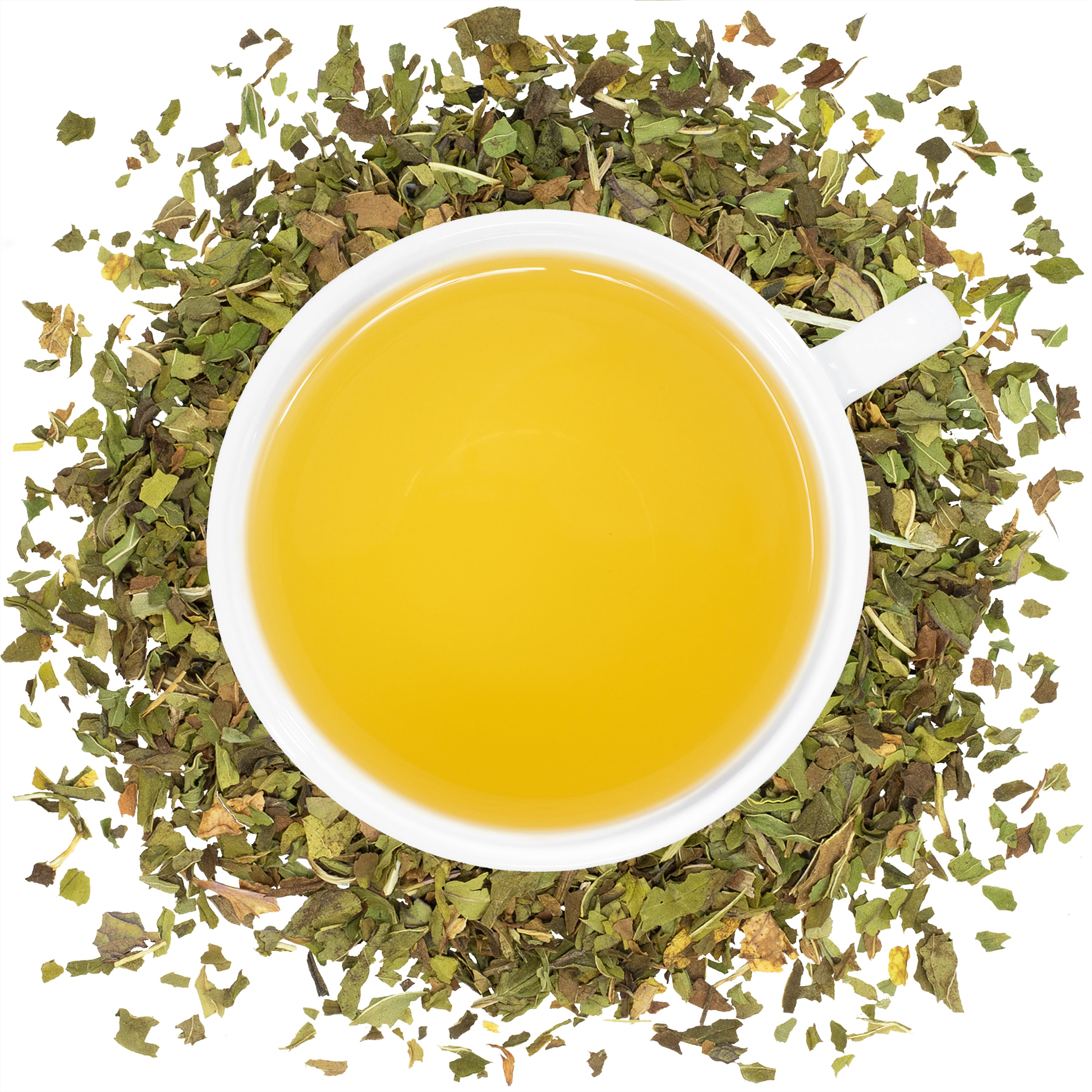 A white mug filled with peppermint tea with peppermint leaves all around it. 
