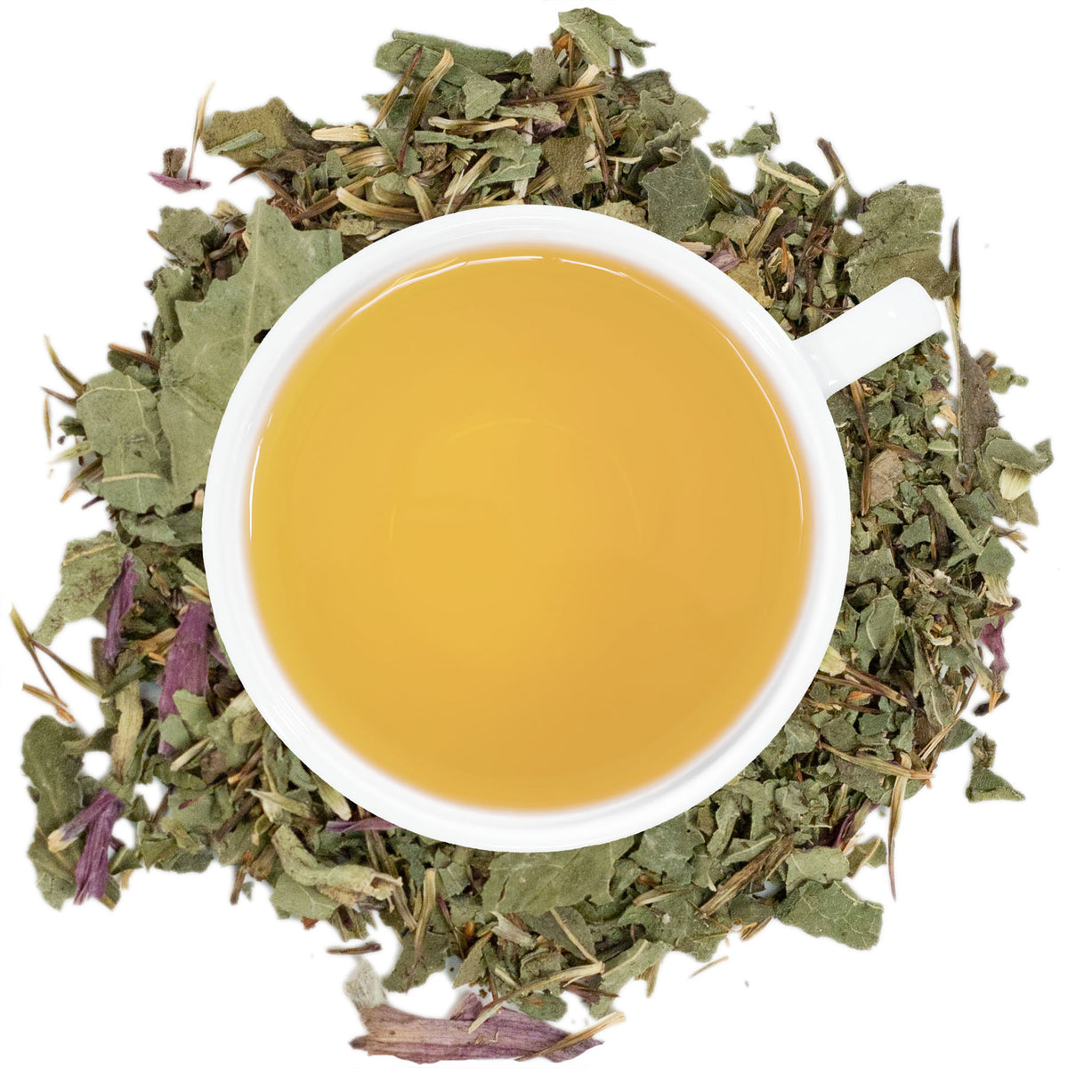 A white mug filled with Echinacea tea with echinacea herbs around it. 