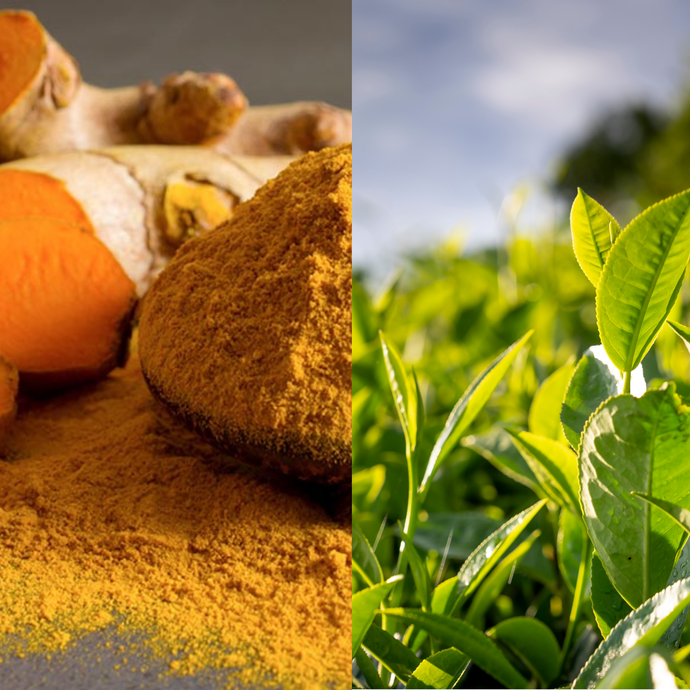 Split image showing ground turmeric on the left and green tea leaves on the right.