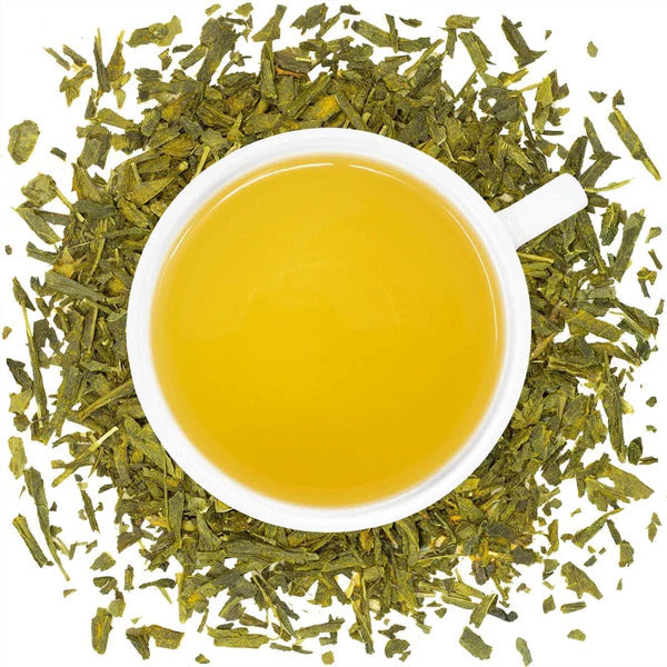 White cup of green tea surrounded by green tea leaves on a white background