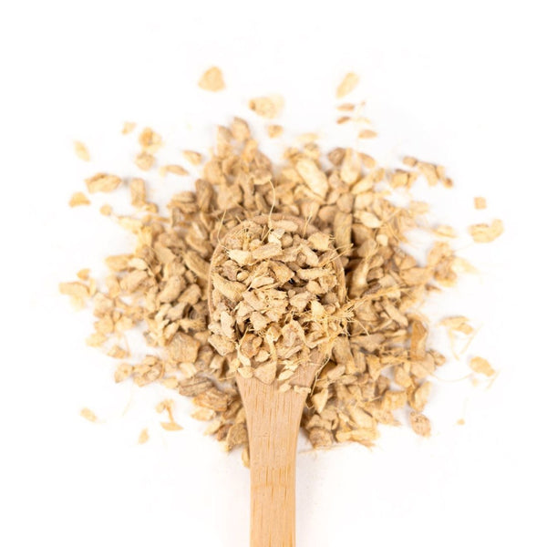 Organic Ginger Root on a wooden spoon.