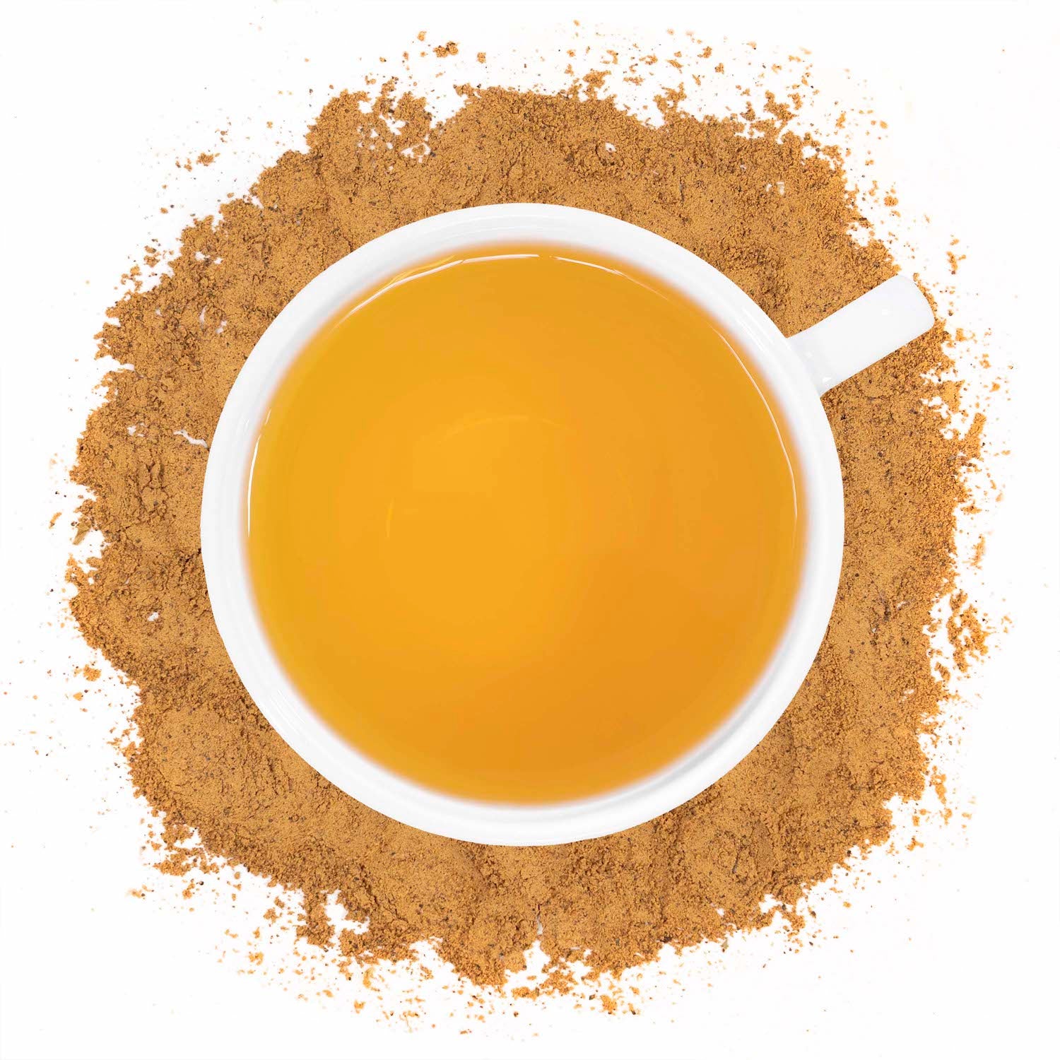 A white mug filled with Guarana tea surrounded by guarana. 