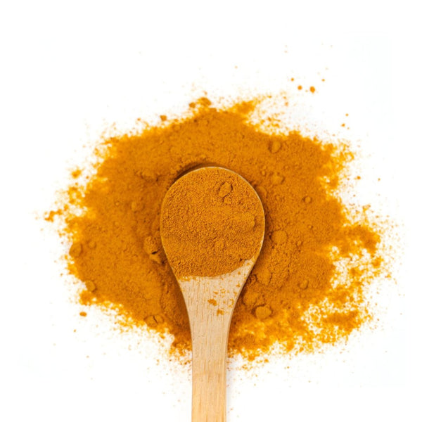Organic Turmeric Powder on a wooden spoon.