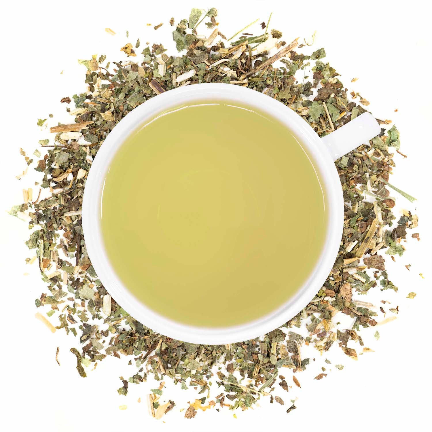 A white mug filled with wild lettuce tea surrounded by wild lettuce